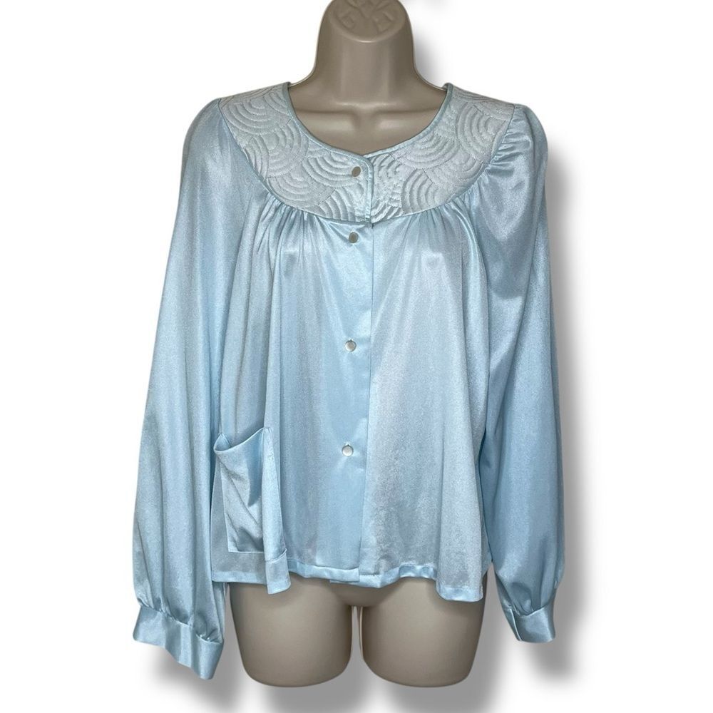 Vintage Katz Light Blue Quilted Yoke Bed Jacket Button Up Long Sleeve Women XL